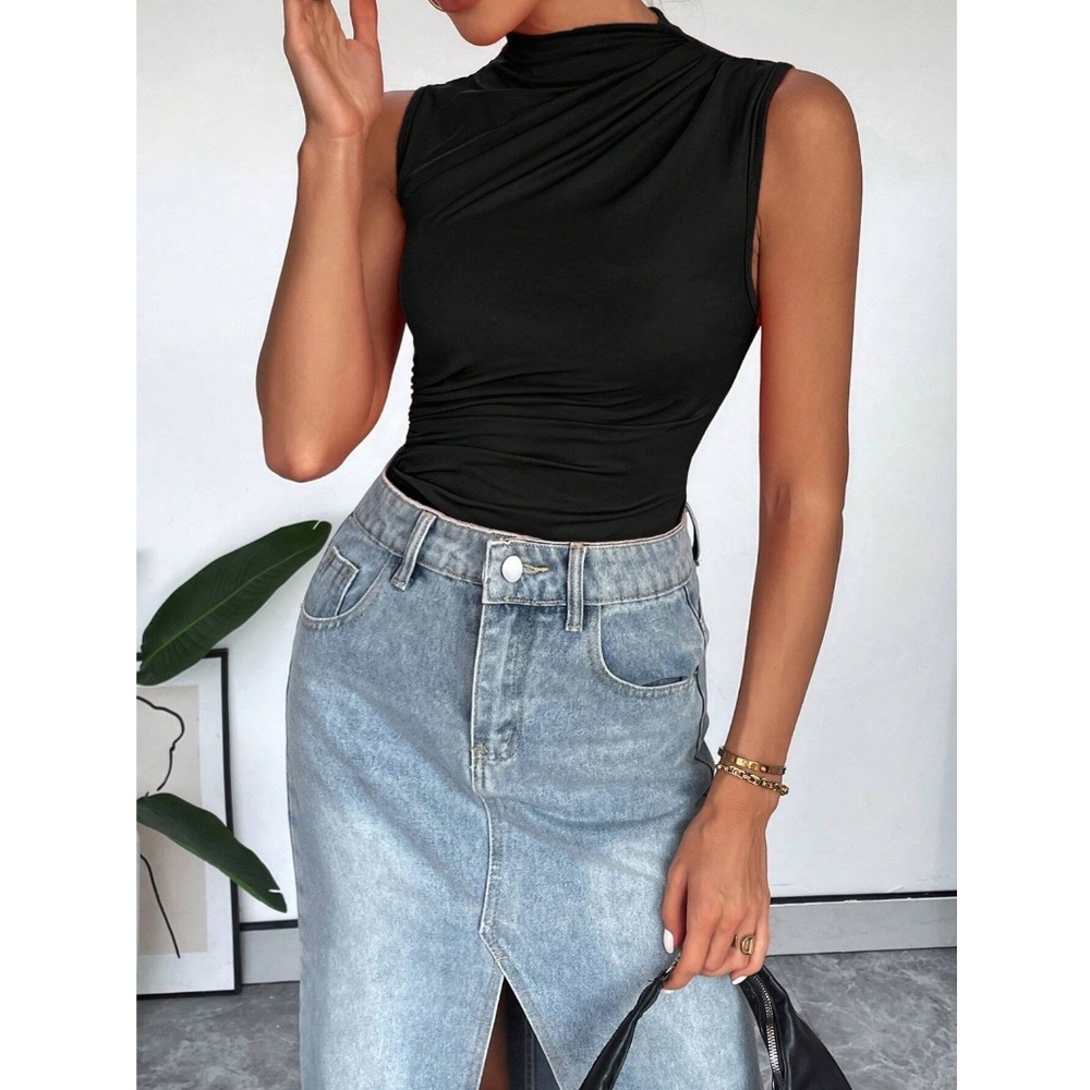 Ruched Black Asymmetrical Sleeveless Bodysuit - Picture 3 of 13